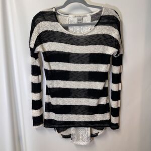 American Rag Sweater XS Black White Striped Open Knit Lace Lightweight USA Made